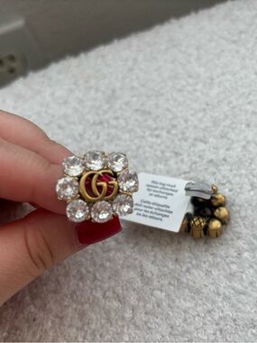 Gucci Gold Double G Crystal Brooch with Red Enamel Center